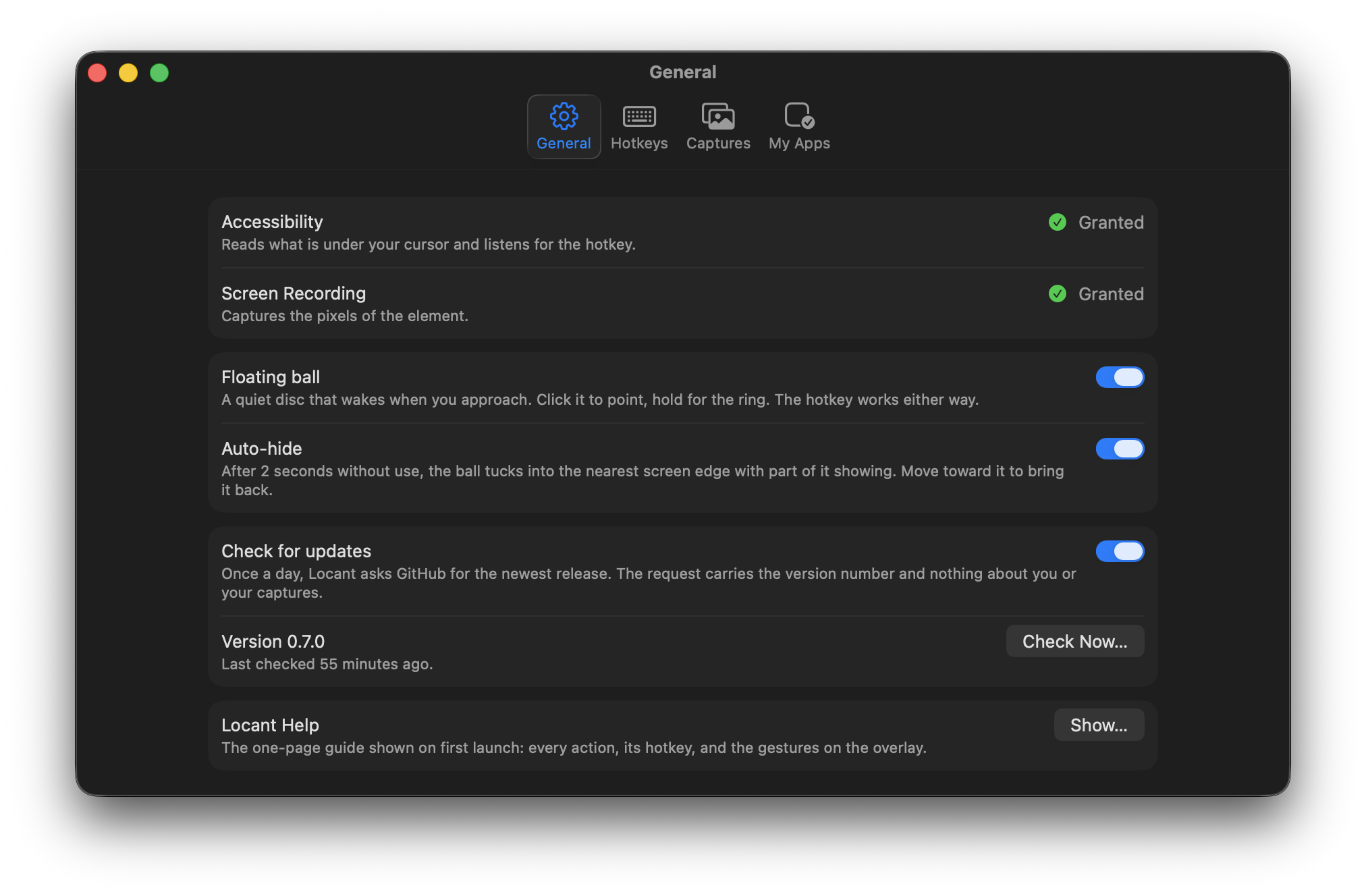 Locant Settings window, General tab: Accessibility and Screen Recording granted, the floating ball and auto-hide on, a daily update check, version 0.7.0, and the Help row