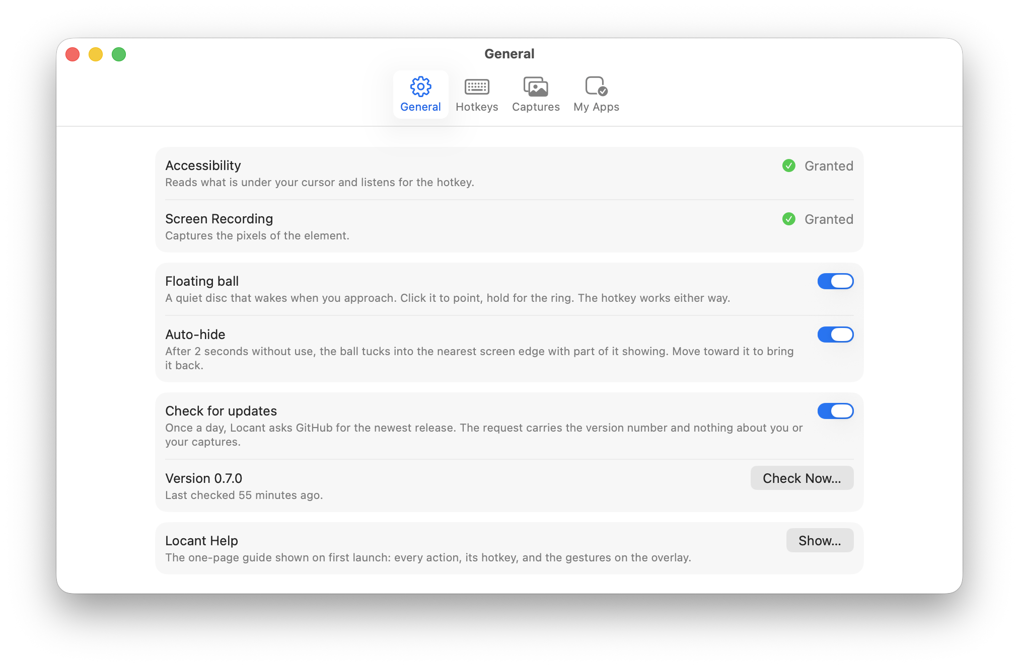 Locant Settings window, General tab: Accessibility and Screen Recording granted, the floating ball and auto-hide on, a daily update check, version 0.7.0, and the Help row